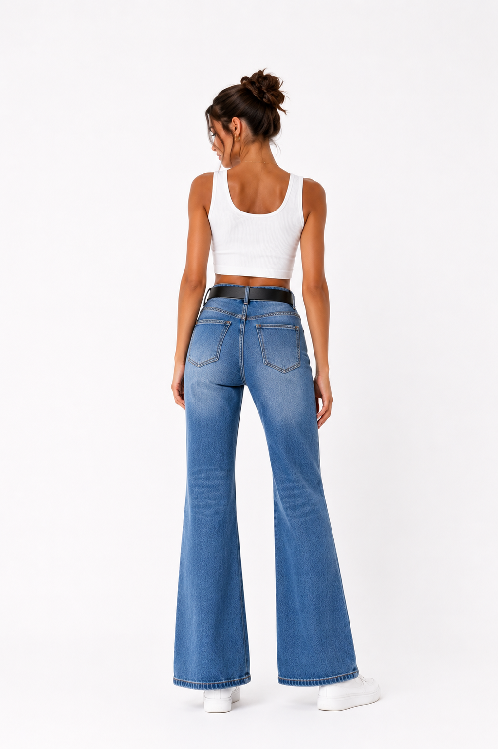 Tonal Print Flared Jeans