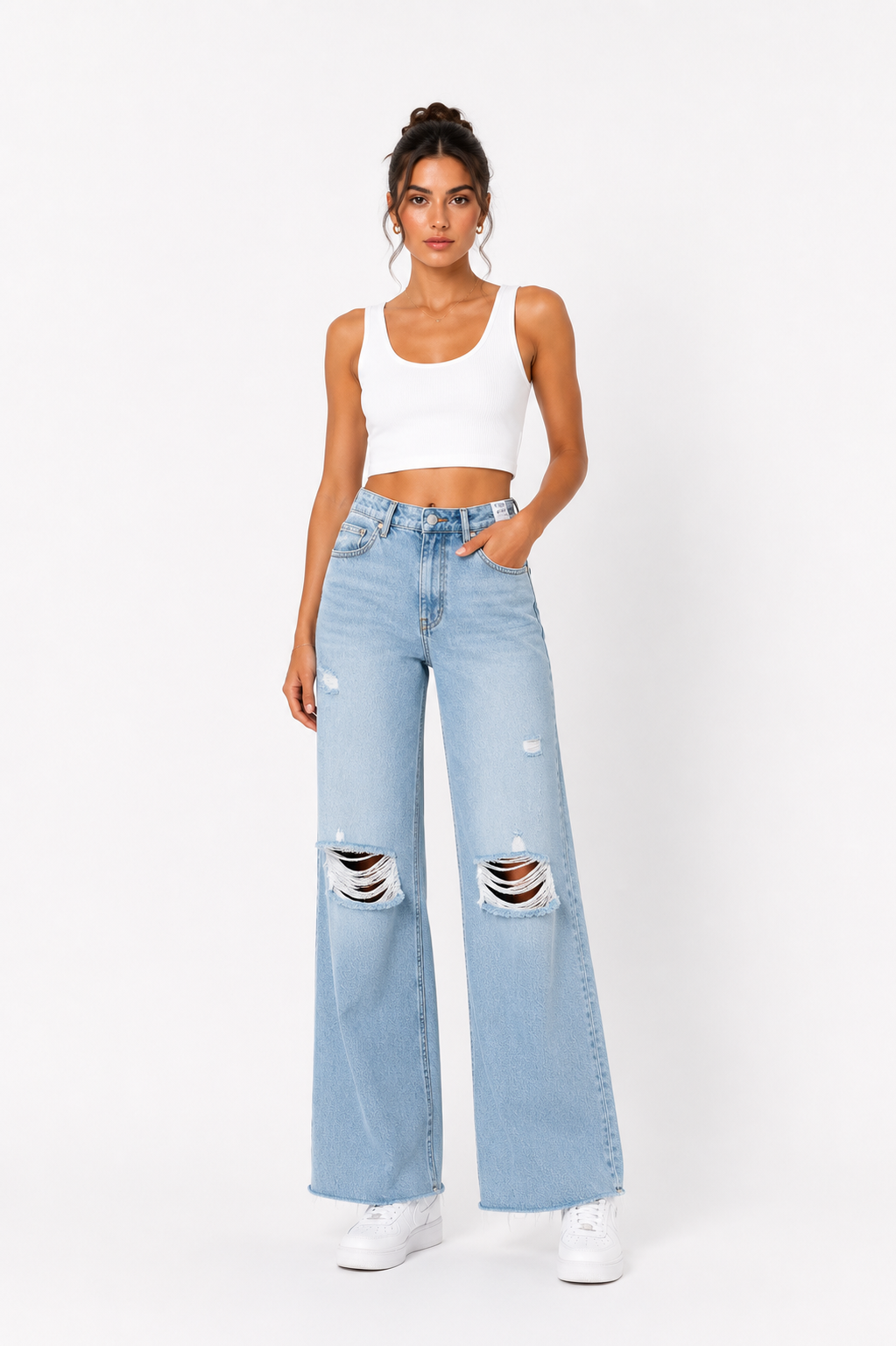 Light Wash Ripped Wide-Leg Jeans