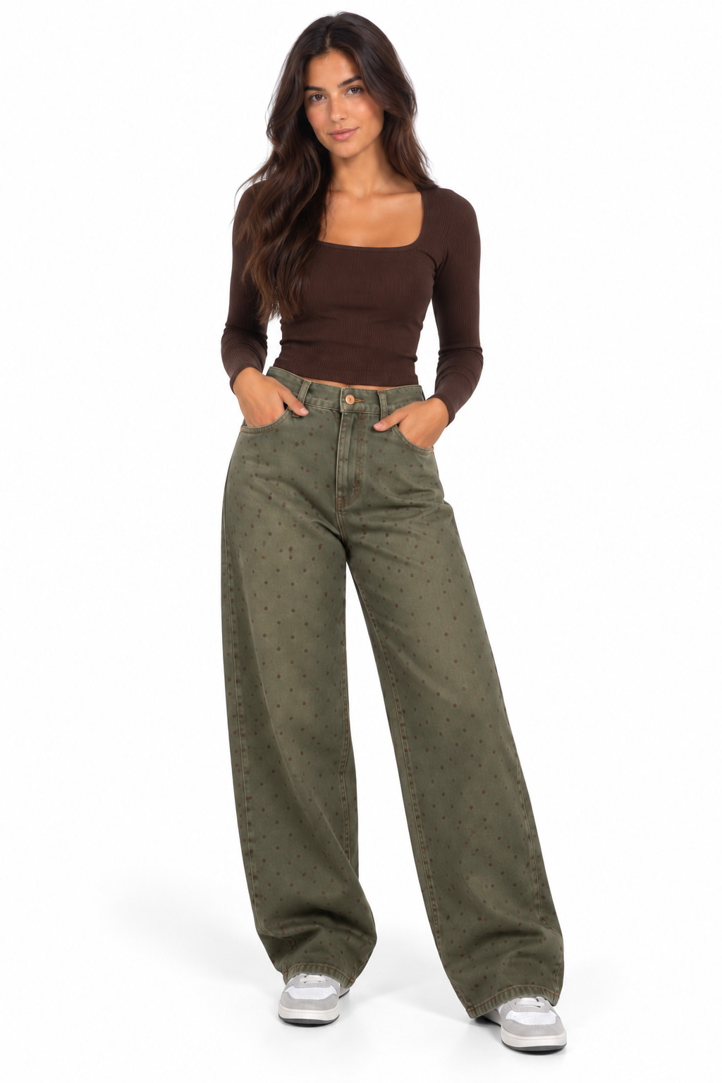 Olive Polka Dot Wide-Leg Jeans