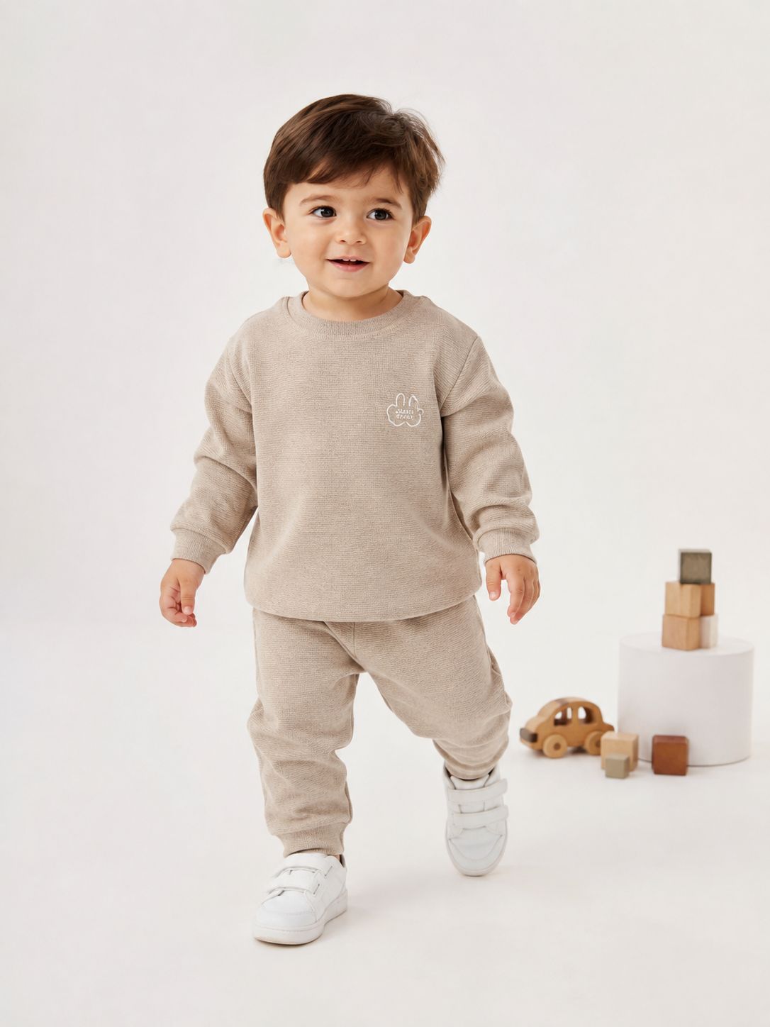 Kids’ Minimal Tracksuit Set – Beige & Pink