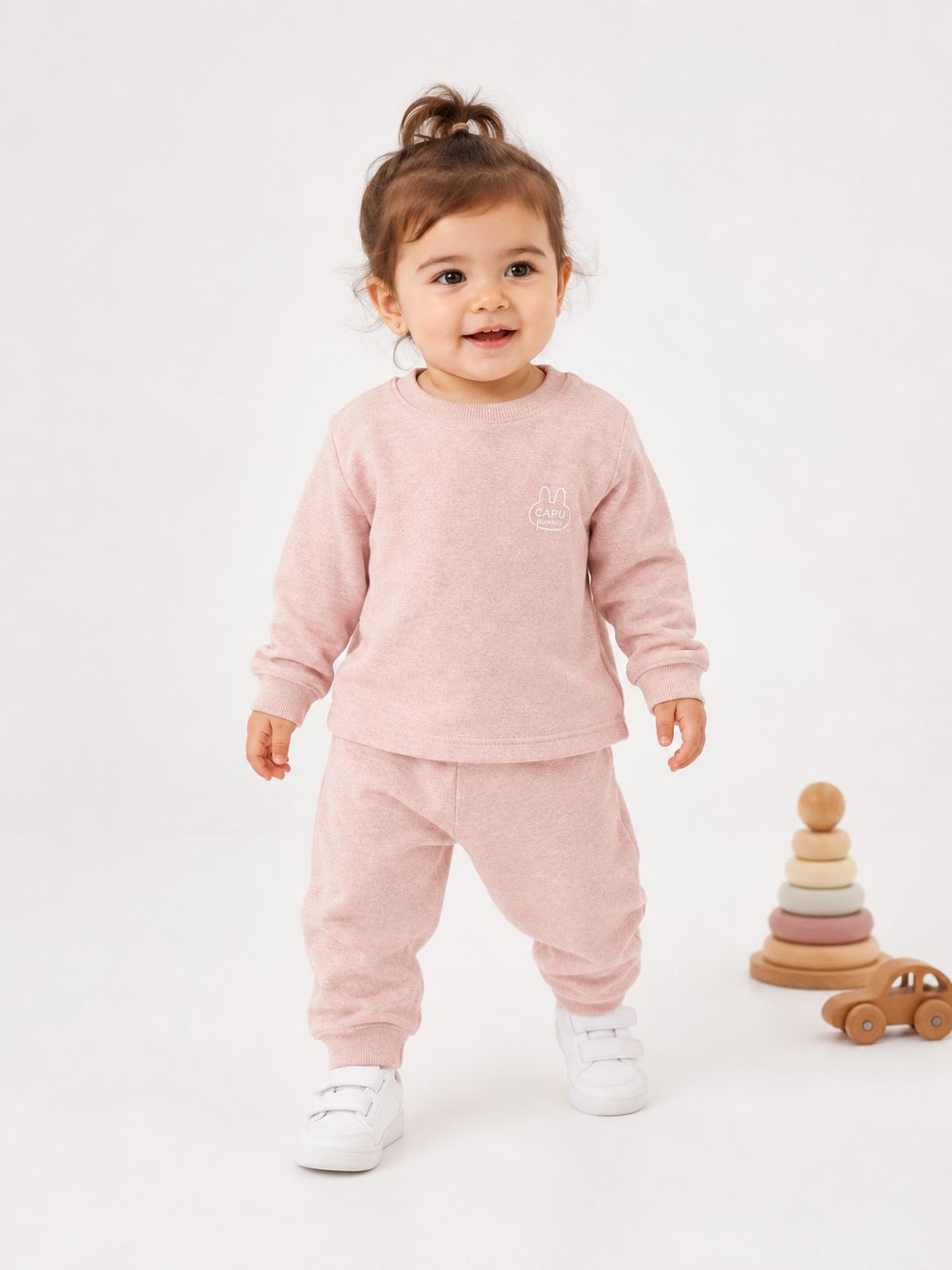 Kids’ Minimal Tracksuit Set – Beige & Pink