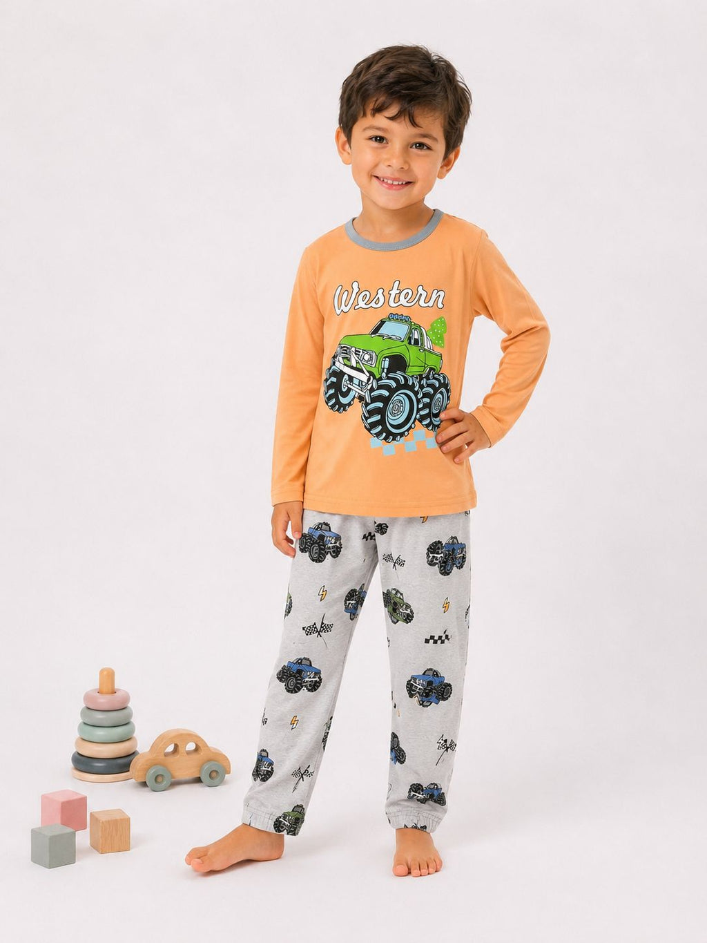 Boys’ Monster Truck Pajama Set – Orange & Grey
