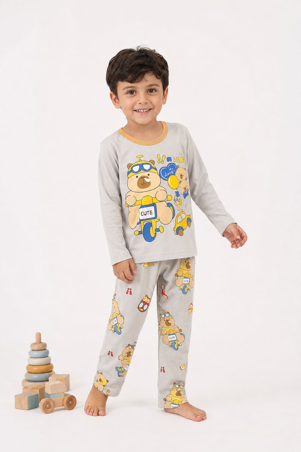 Boys’ Cute Bear Pajama Set – Grey
