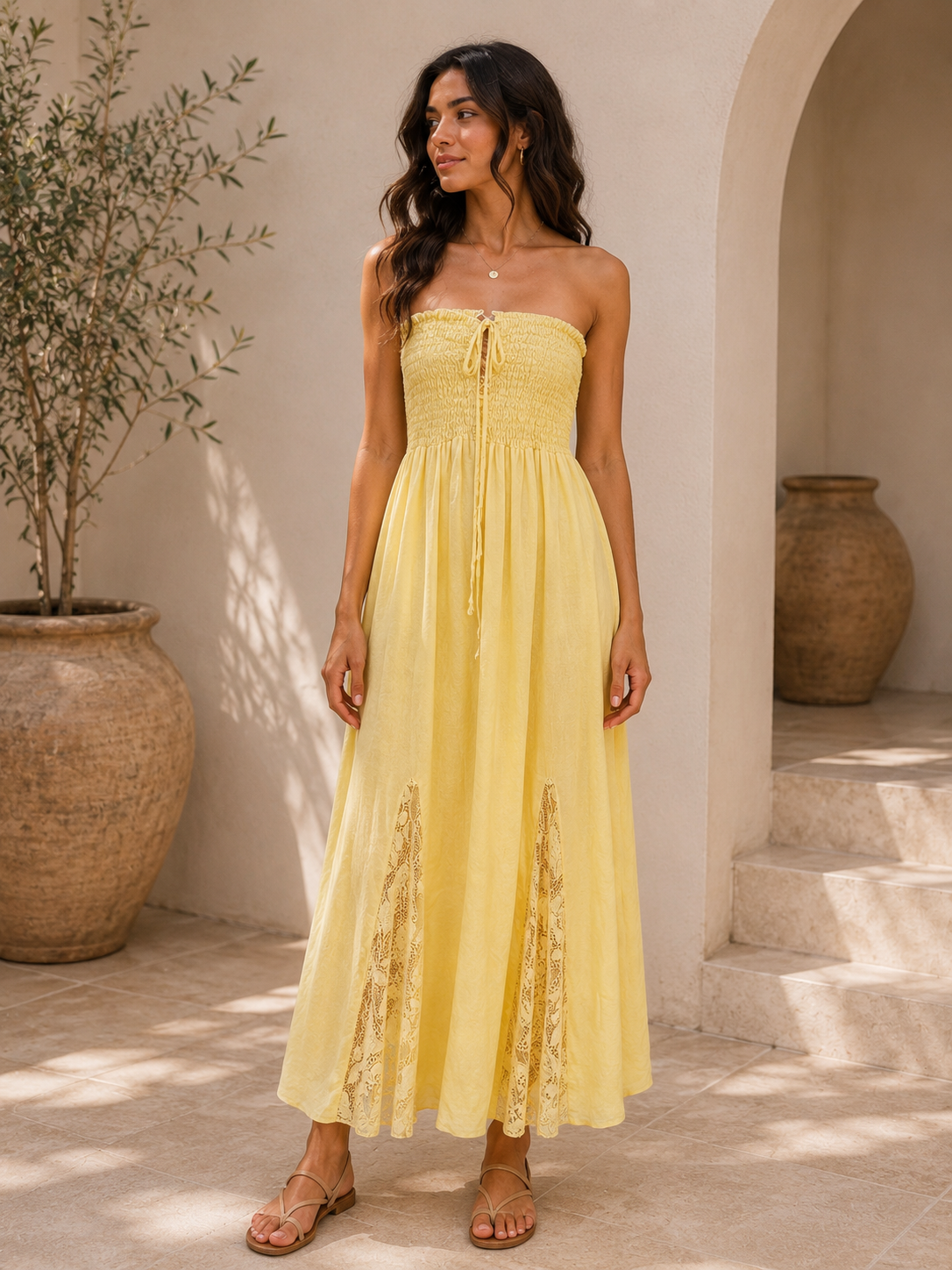 Butter Yellow Smocked Strapless Maxi Dress