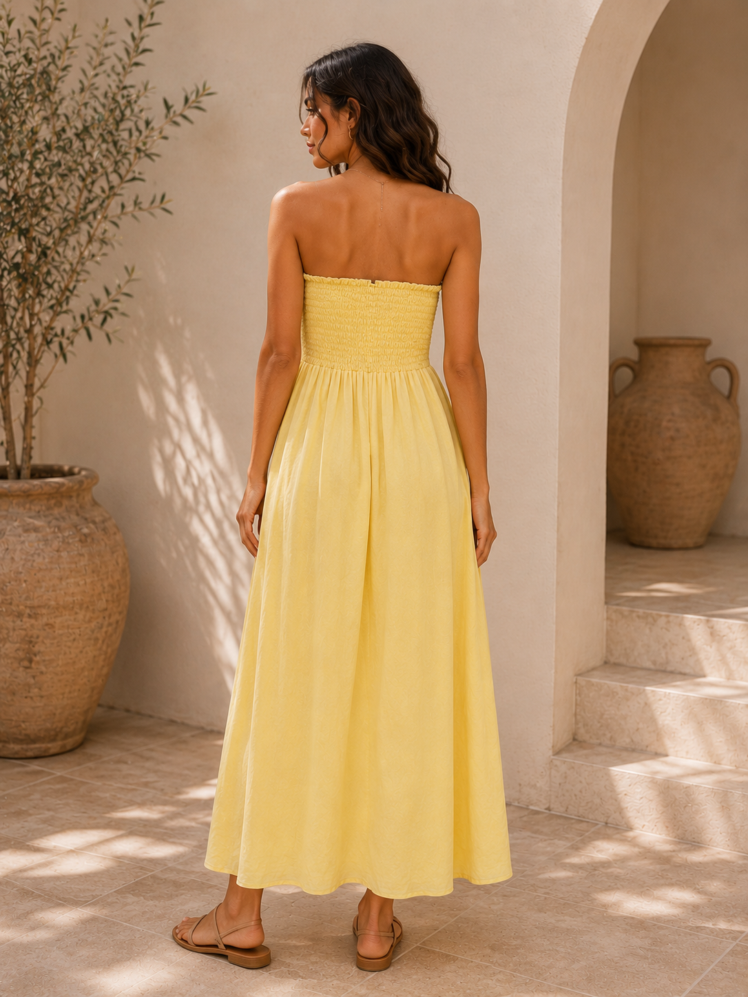 Butter Yellow Smocked Strapless Maxi Dress