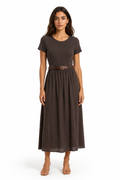 Ribbed Knit & Cotton Midi Dress with Braided Belt