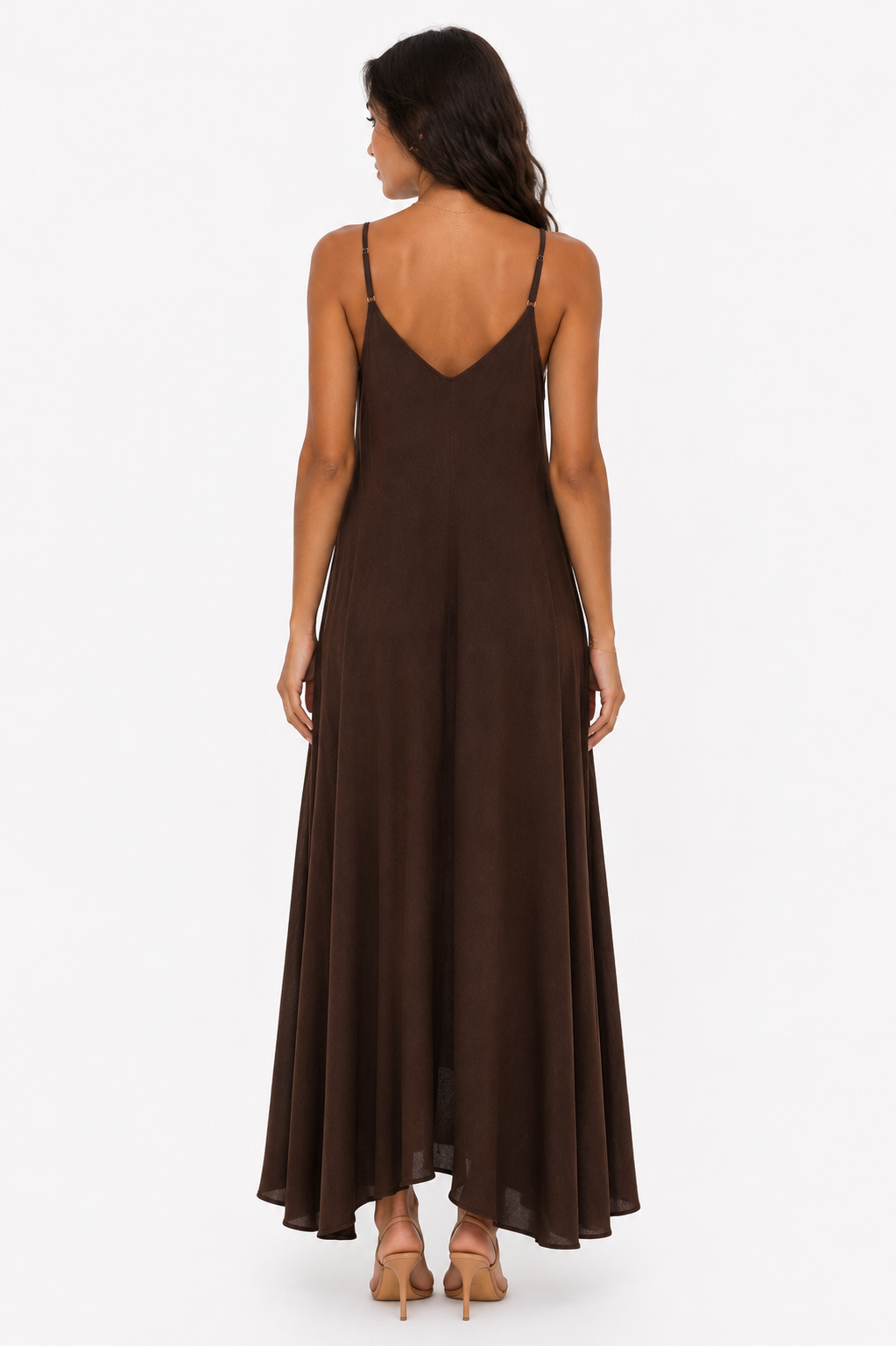Chocolate Brown Maxi Slip Dress with Crochet Flower Appliqué