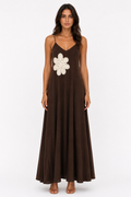 Chocolate Brown Maxi Slip Dress with Crochet Flower Appliqué