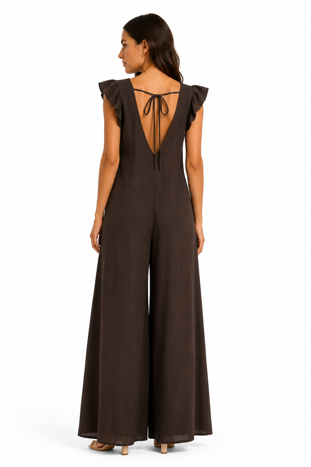 Wide-Leg V-Back Jumpsuit with Flutter Sleeves