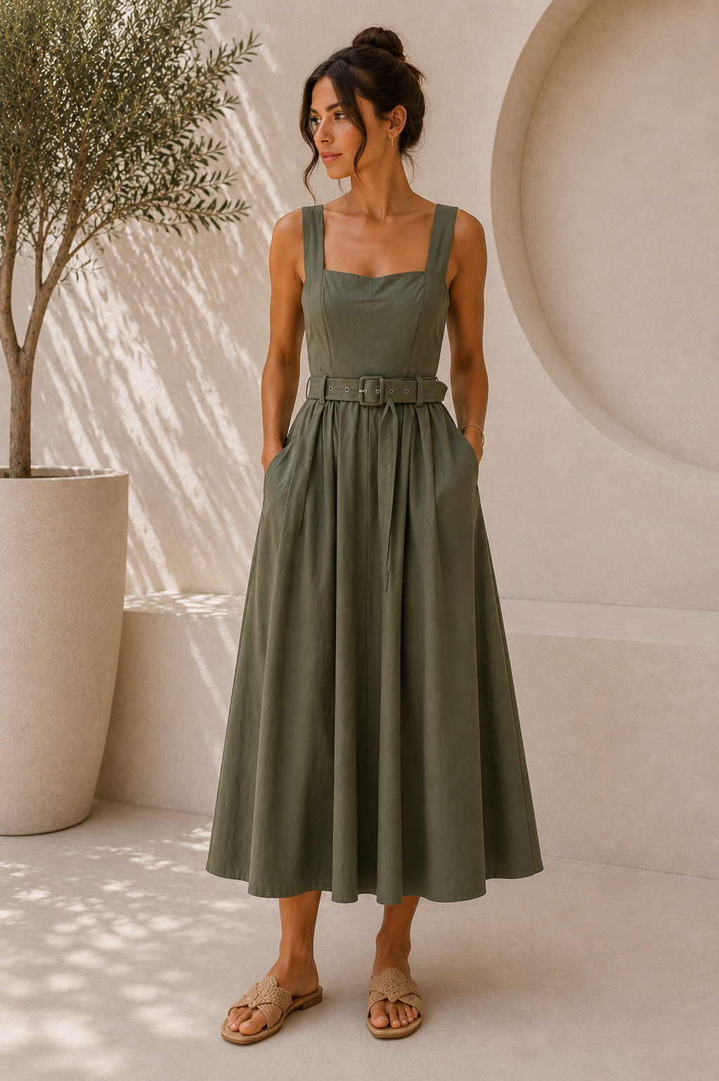 Olive Belted Midi Dress