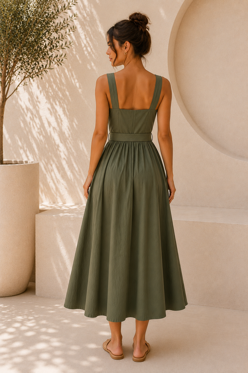 Olive Belted Midi Dress