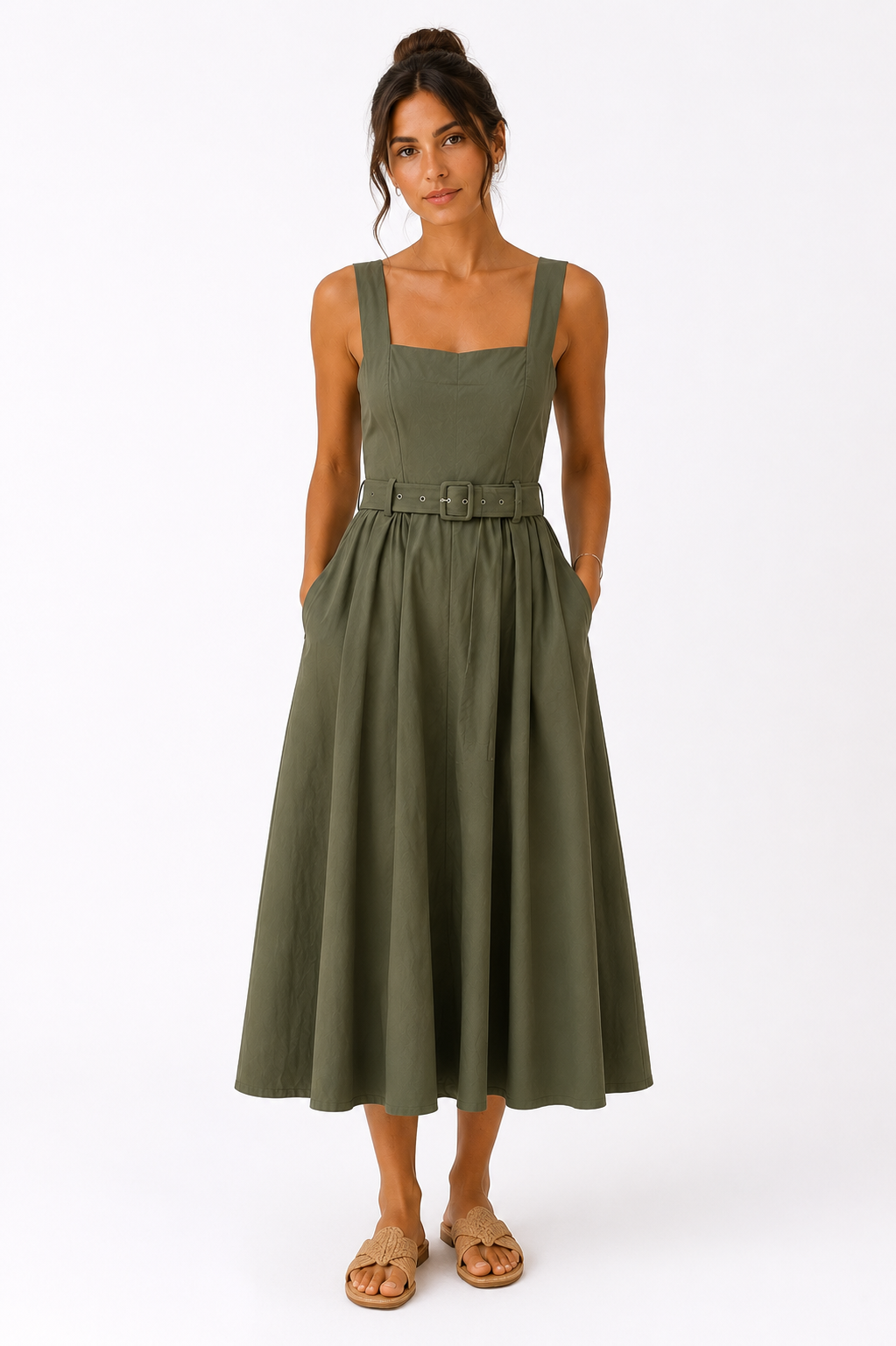 Olive Belted Midi Dress