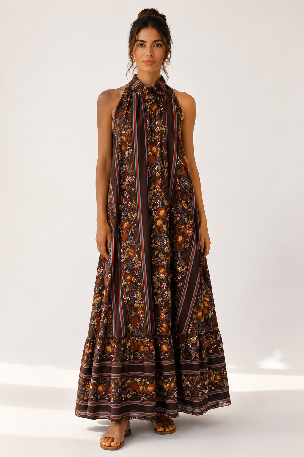 Brown Floral Halter Maxi Dress