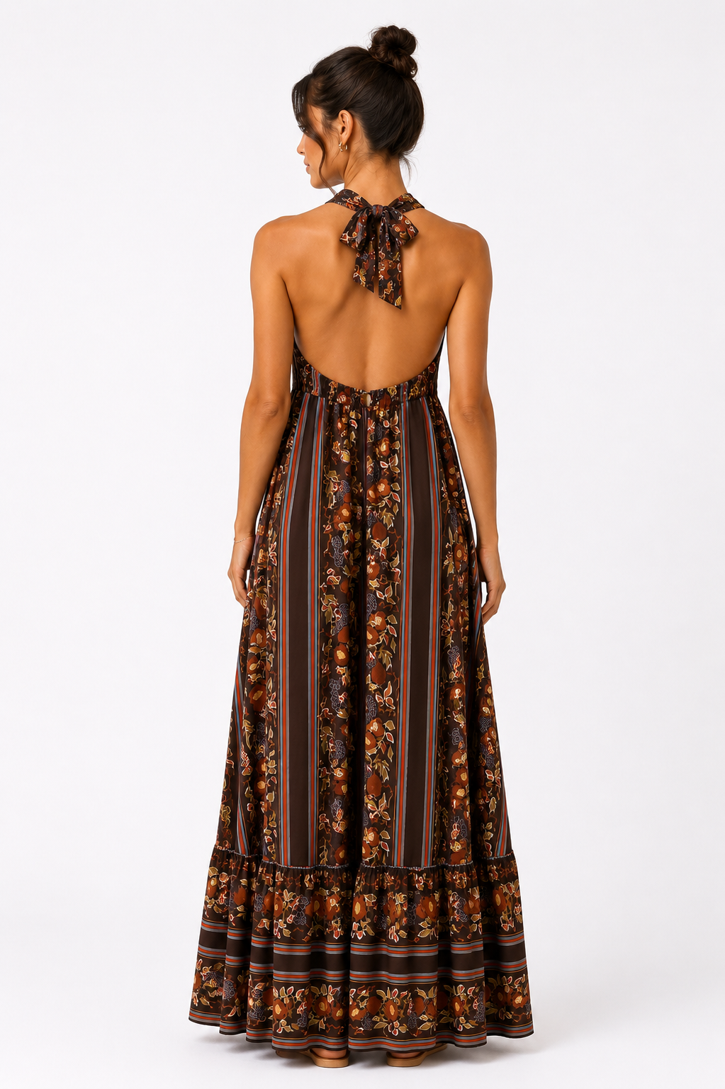 Brown Floral Halter Maxi Dress