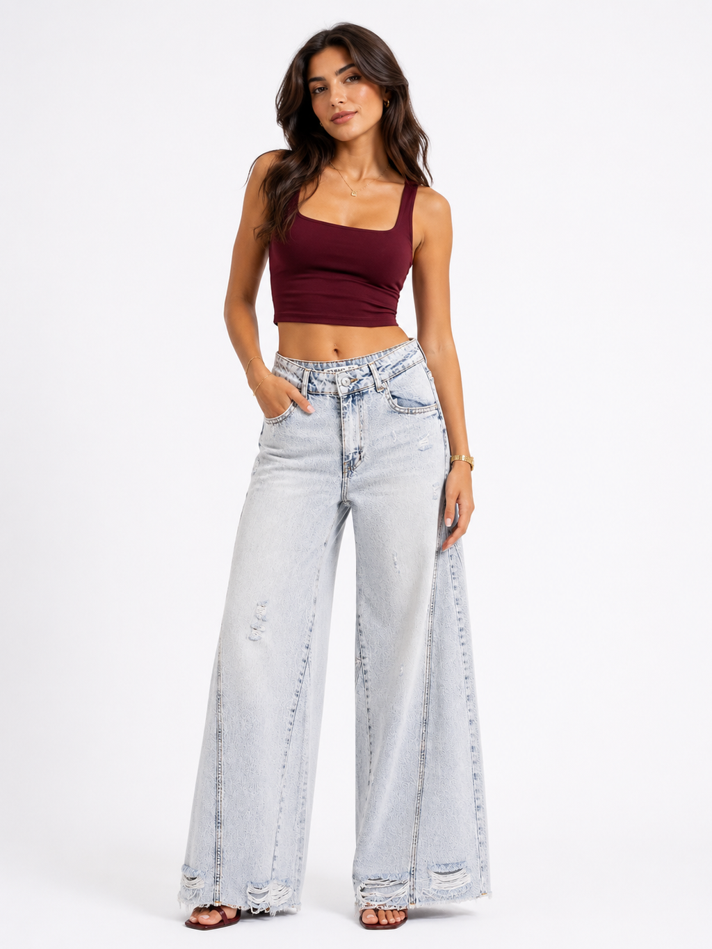 Distressed Wide-Leg Denim Jeans