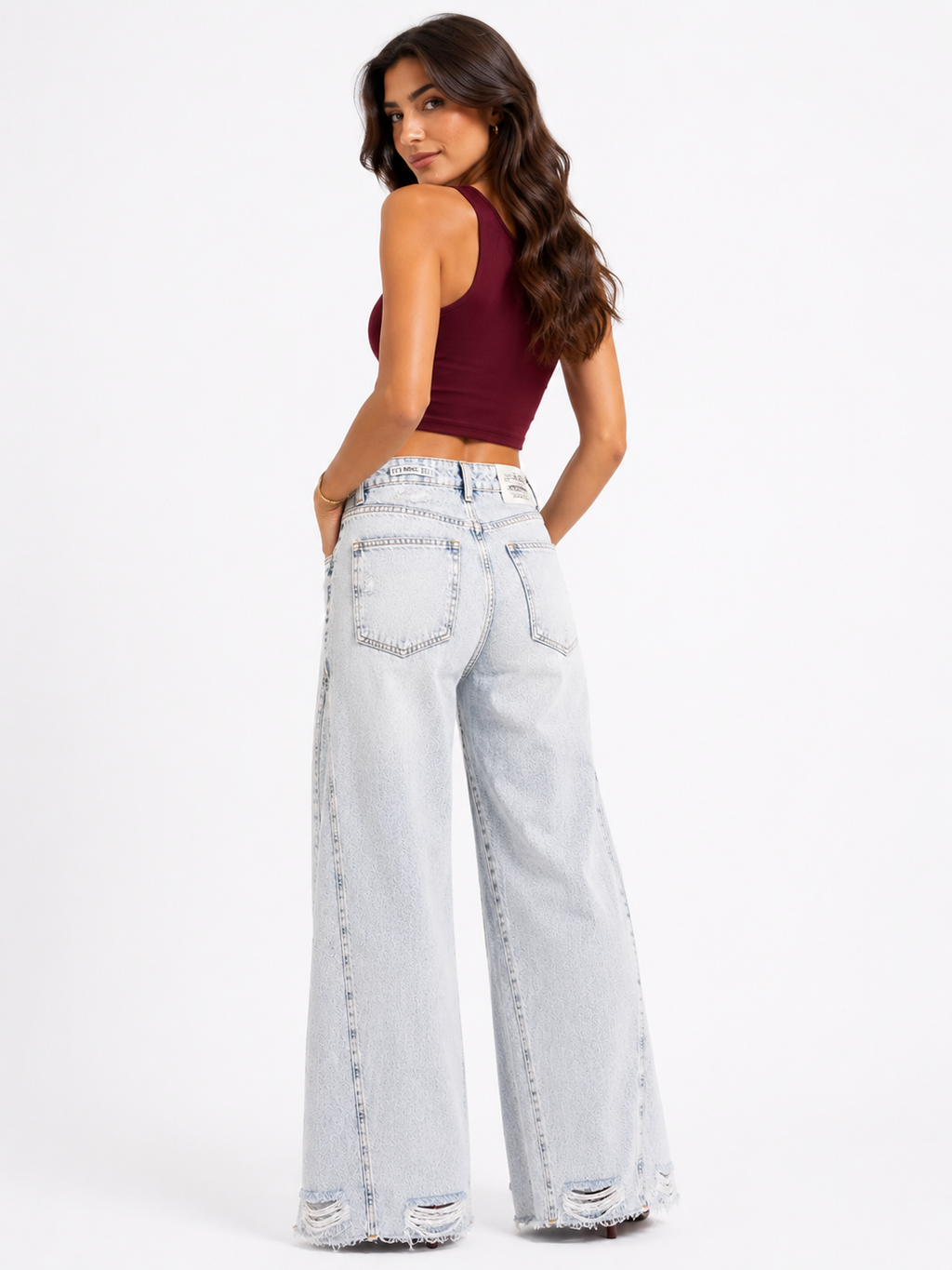 Distressed Wide-Leg Denim Jeans