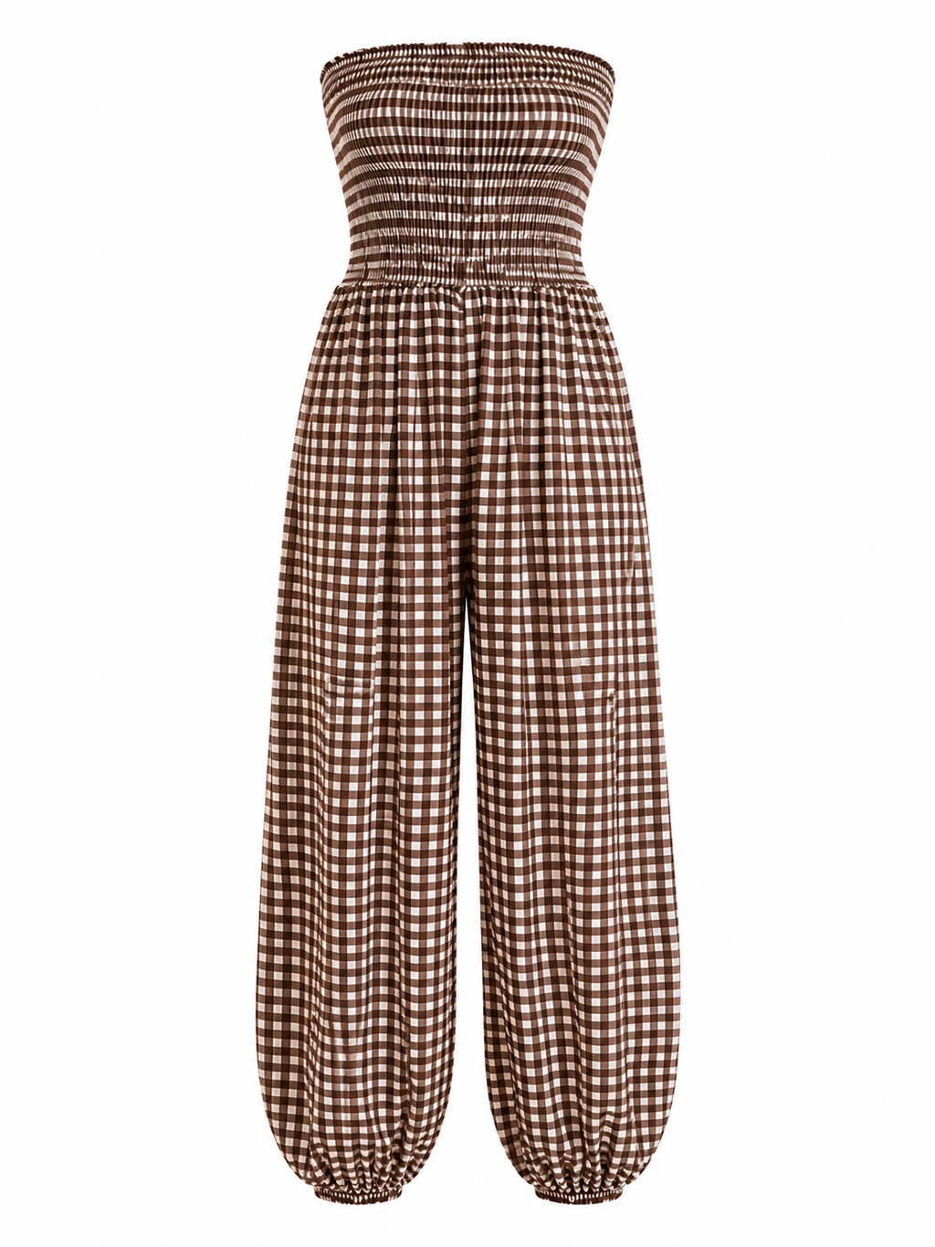 Brown Gingham Smocked Jumpsuit