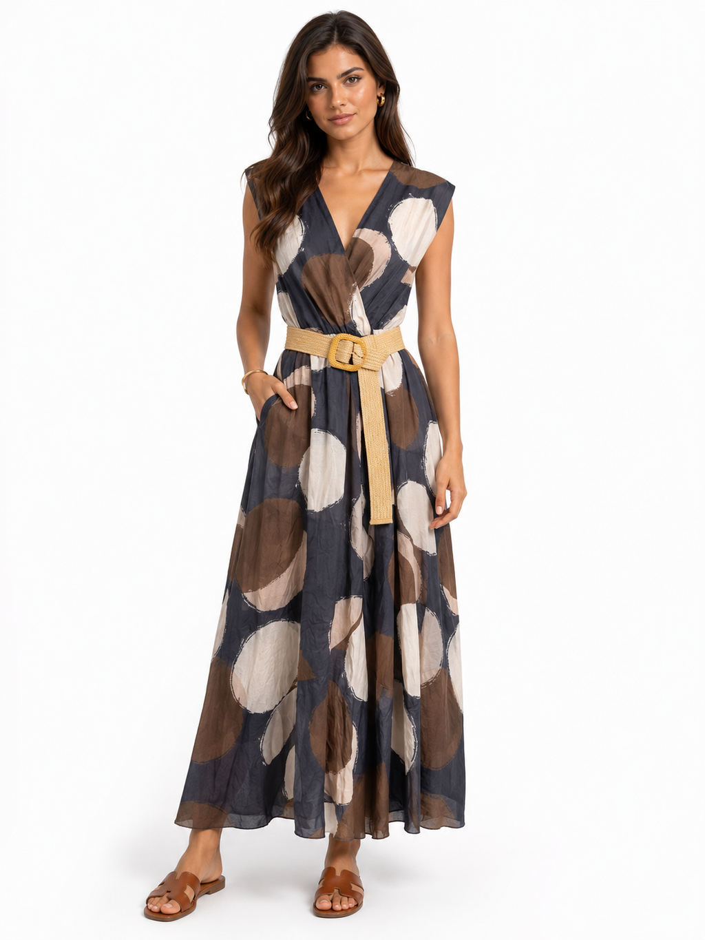 Abstract Print Belted Maxi Dress