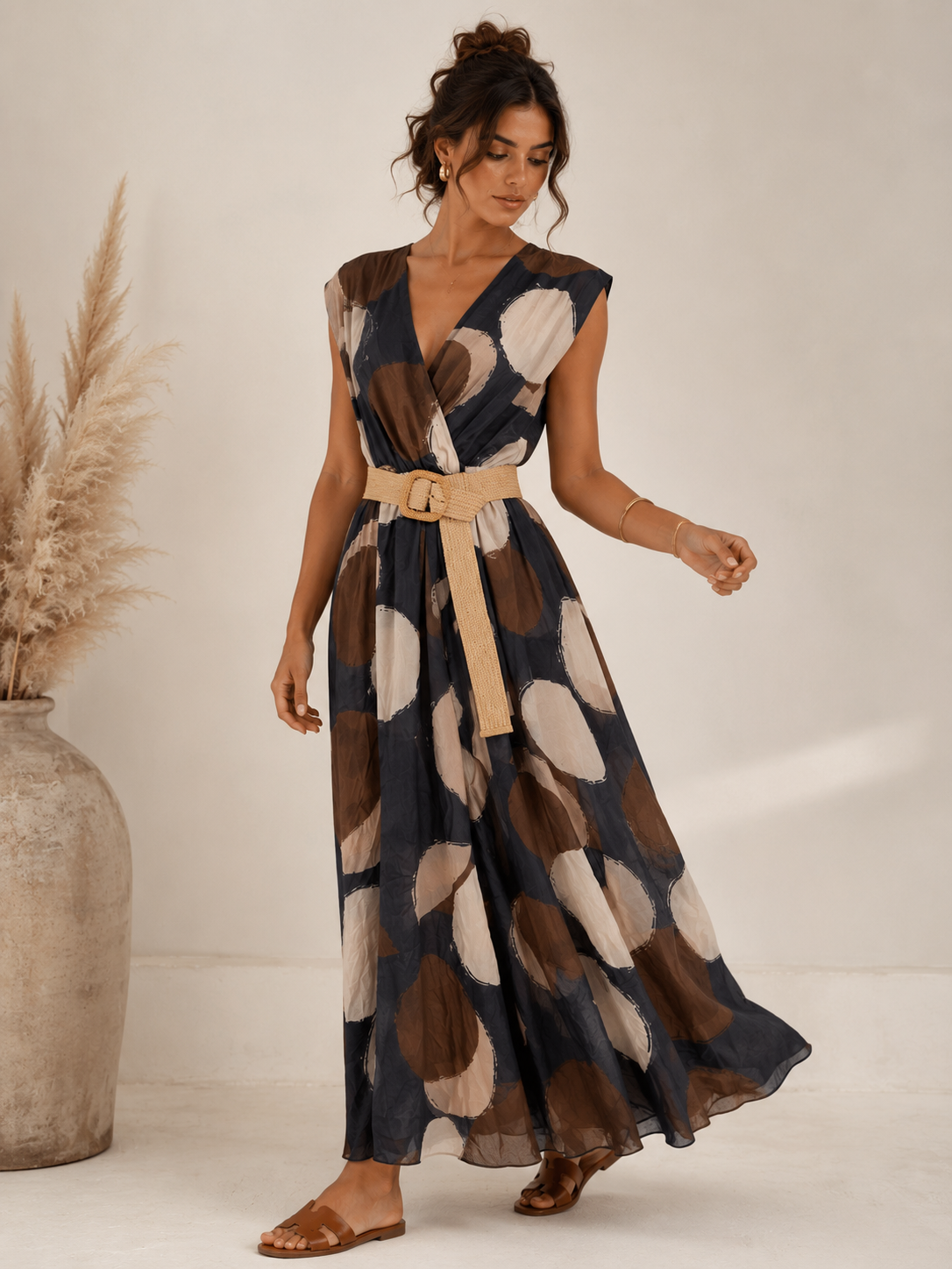 Abstract Print Belted Maxi Dress