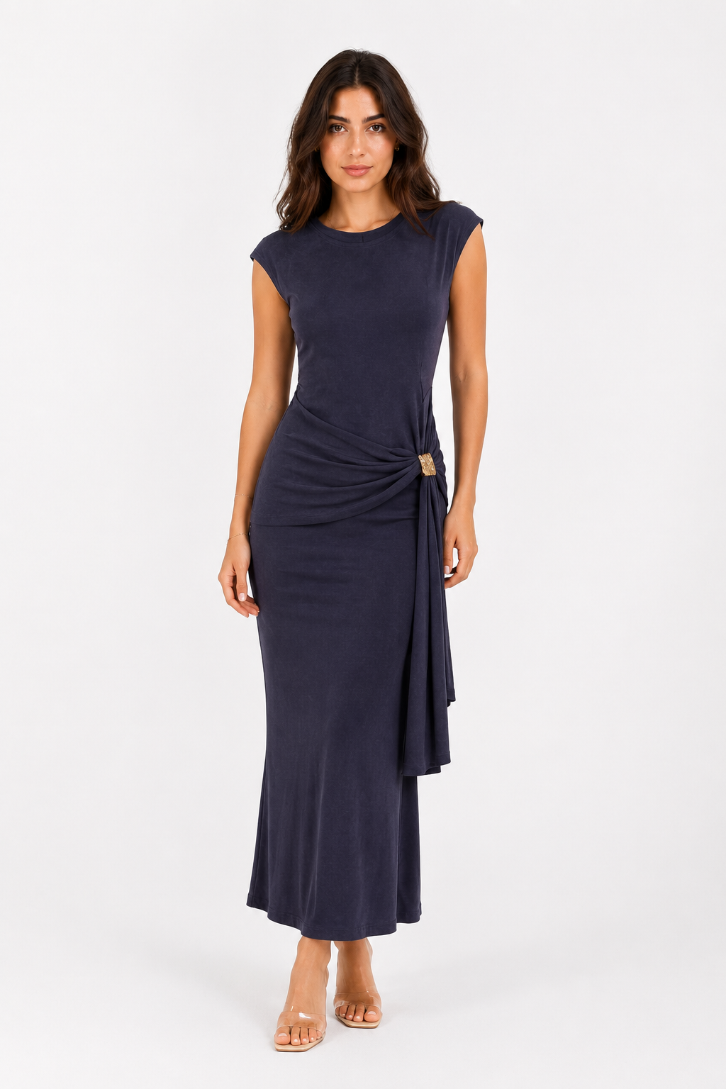 Navy Draped Maxi Dress with Gold Waist Detail
