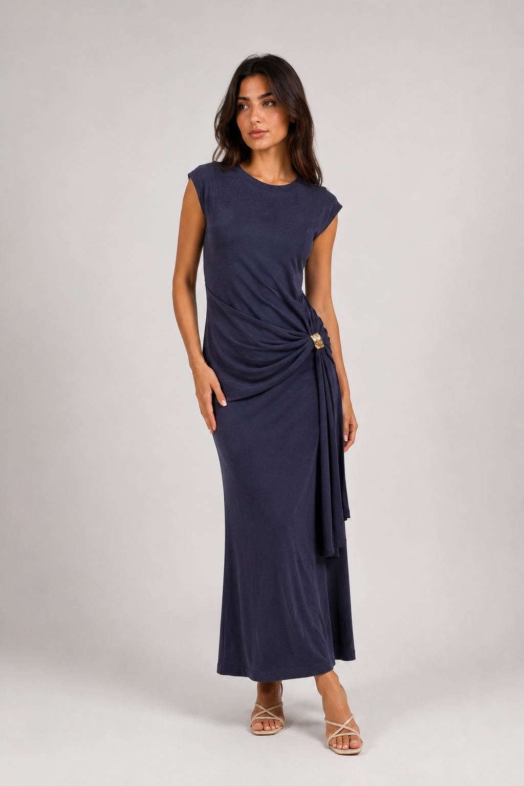 Navy Draped Maxi Dress with Gold Waist Detail