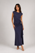 Navy Draped Maxi Dress with Gold Waist Detail