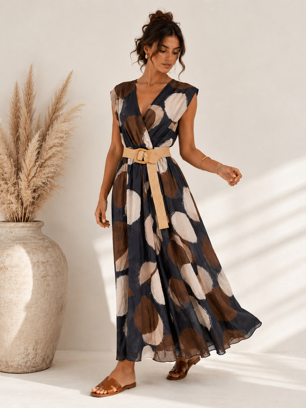 Abstract Print Belted Maxi Dress