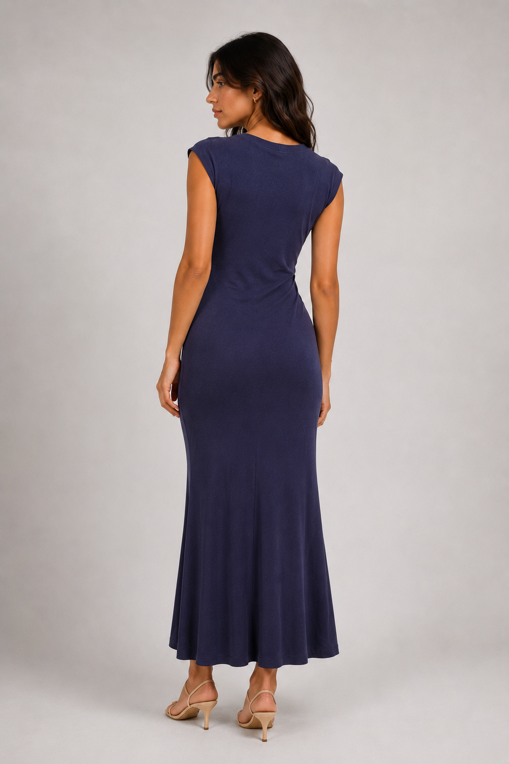 Navy Draped Maxi Dress with Gold Waist Detail