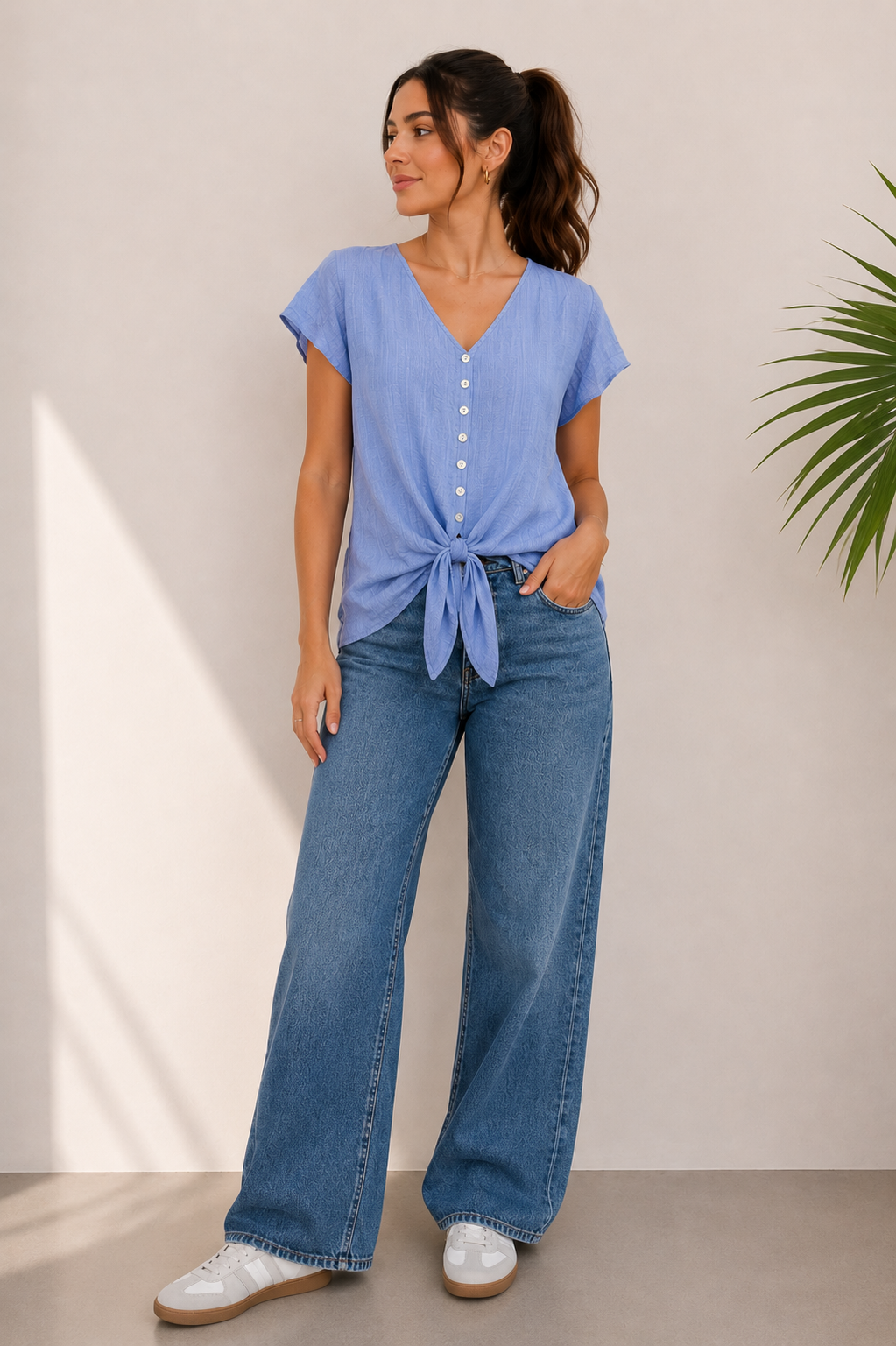 Linen Button-Front Tie Blouse