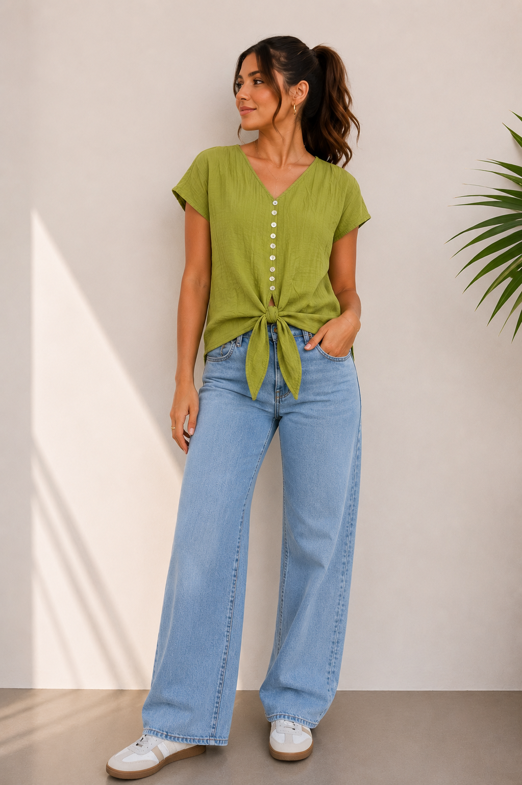 Linen Button-Front Tie Blouse