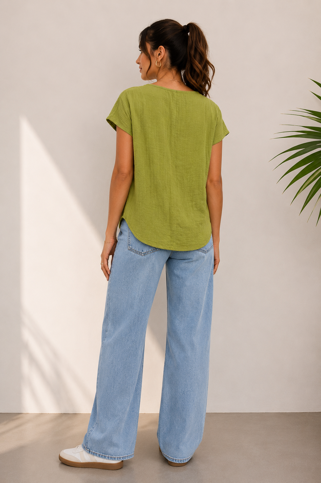 Linen Button-Front Tie Blouse