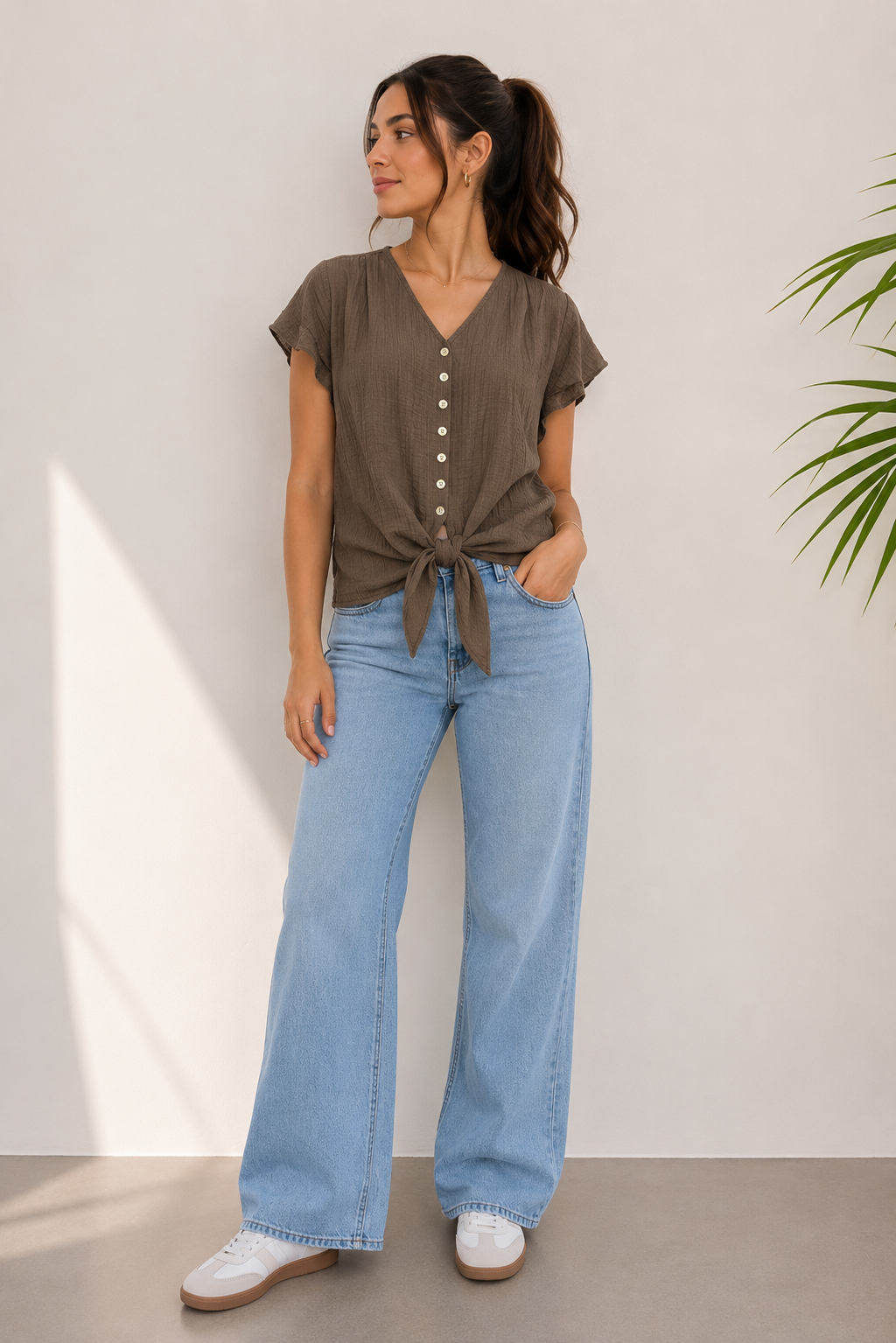 Linen Button-Front Tie Blouse