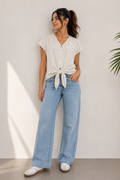 Linen Button-Front Tie Blouse