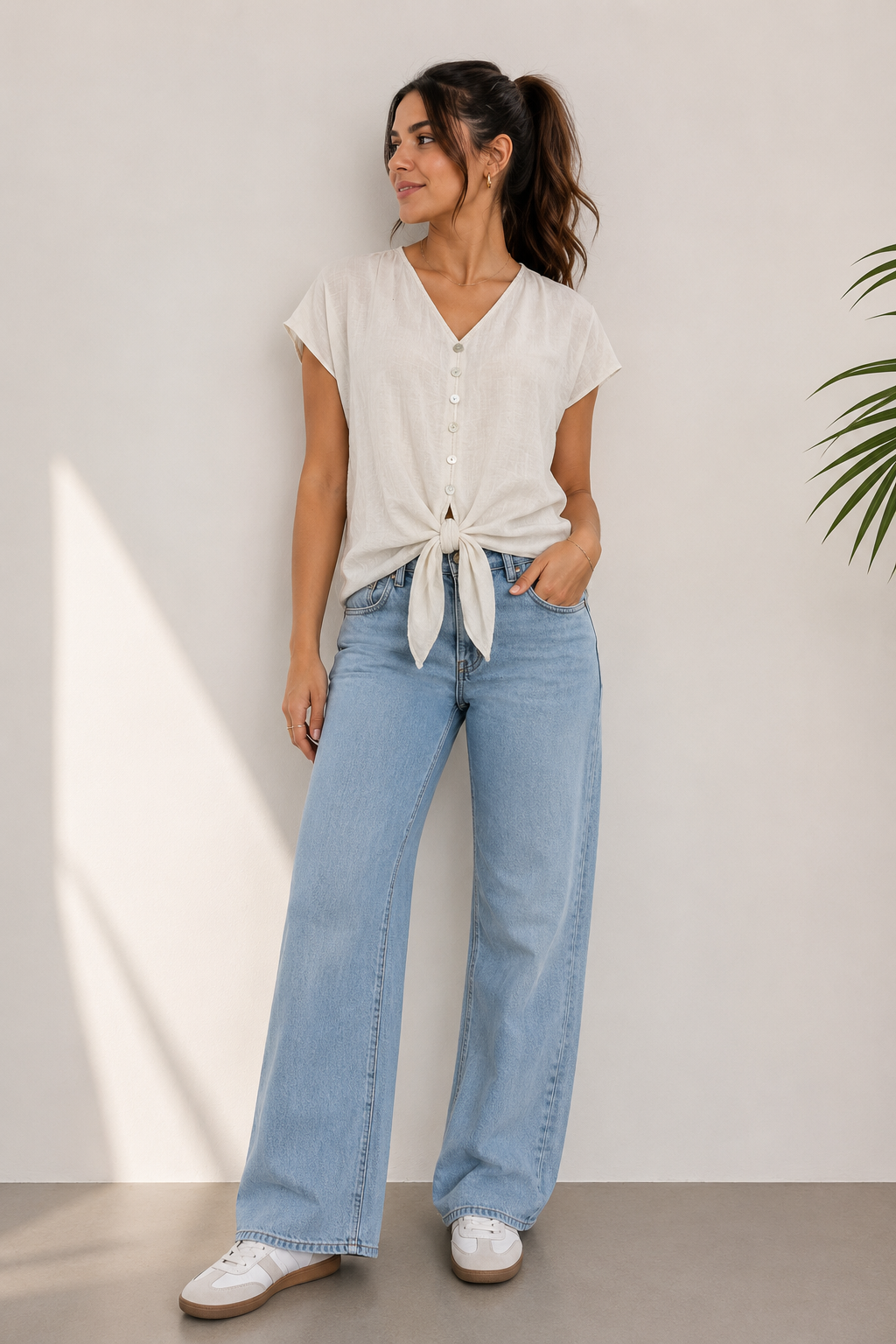 Linen Button-Front Tie Blouse