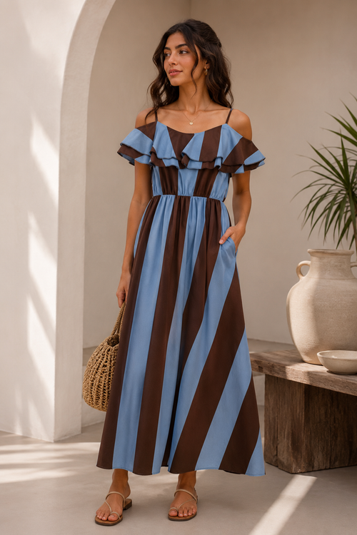 Blue & Brown Striped Off-Shoulder Maxi Dress
