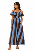 Blue & Brown Striped Off-Shoulder Maxi Dress