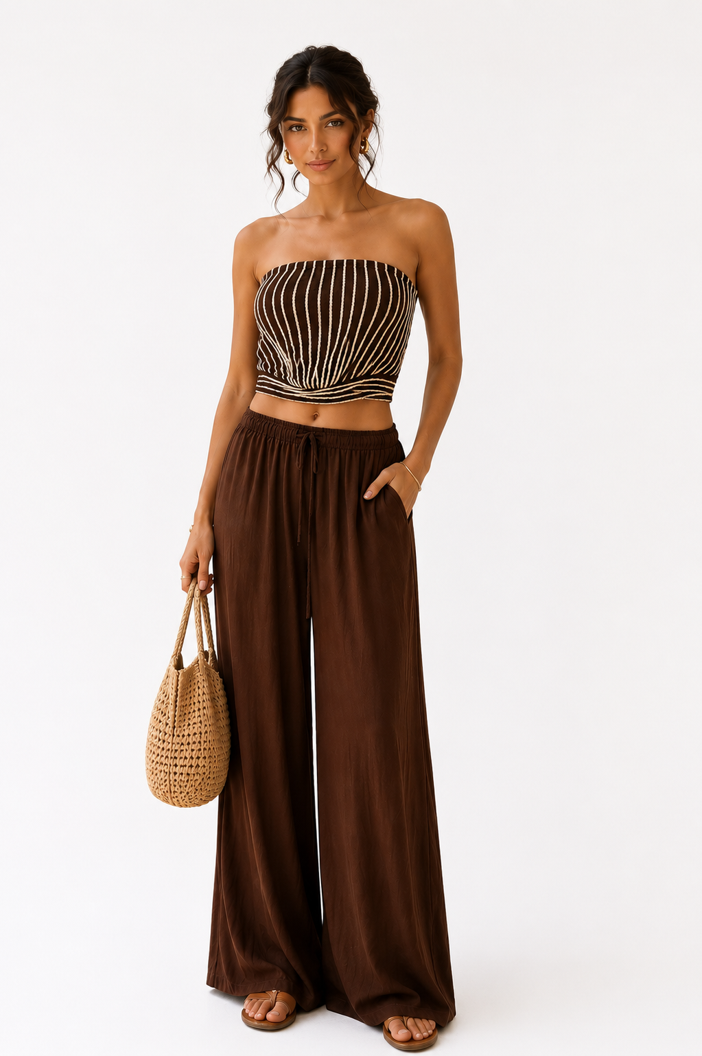 Striped Bandeau Top & Wide-Leg Pants Set