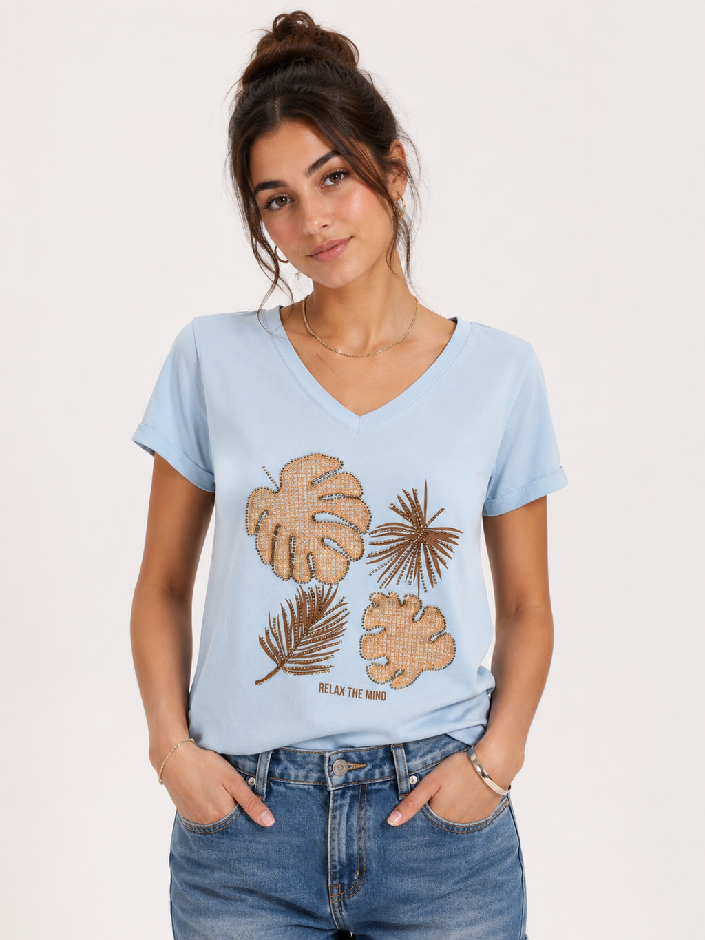 Sky Blue Tropical Print V-Neck T-Shirt