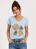 Sky Blue Tropical Print V-Neck T-Shirt