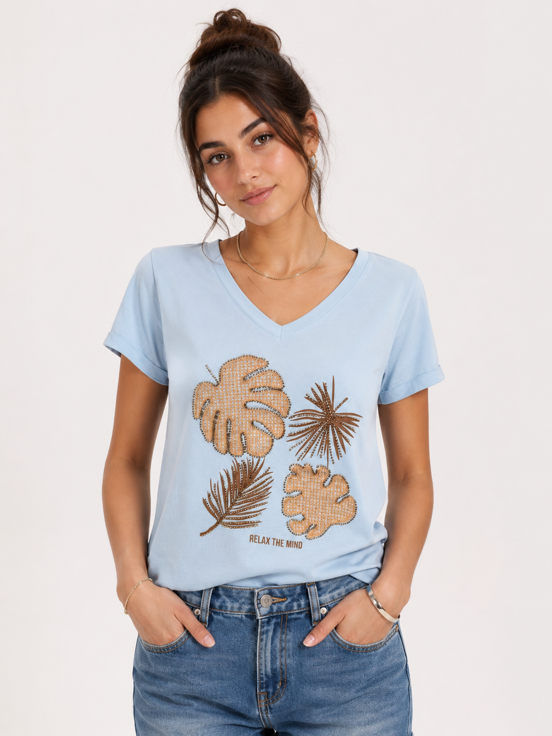 Sky Blue Tropical Print V-Neck T-Shirt