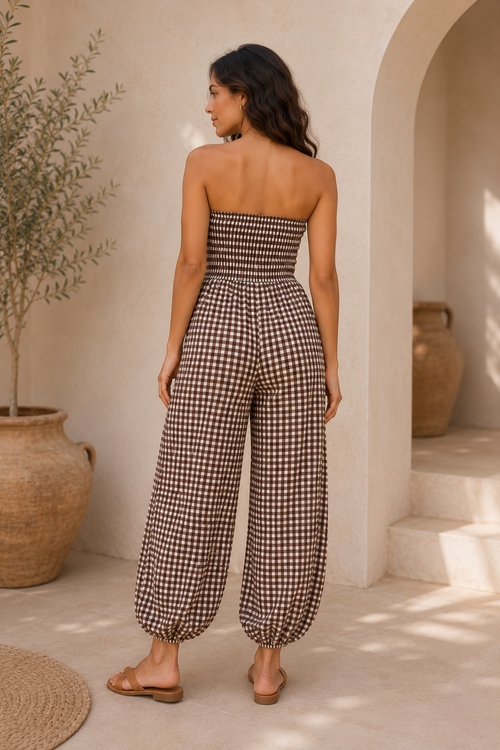 Brown Gingham Smocked Jumpsuit