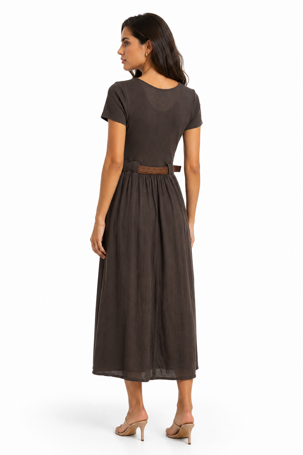 Ribbed Knit & Cotton Midi Dress with Braided Belt