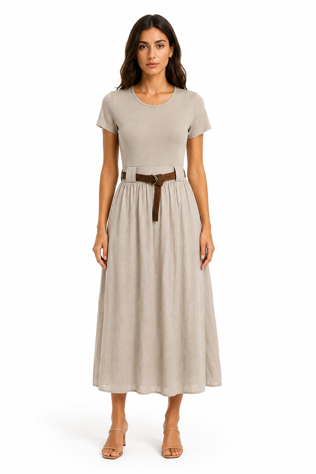 Ribbed Knit & Cotton Midi Dress with Braided Belt