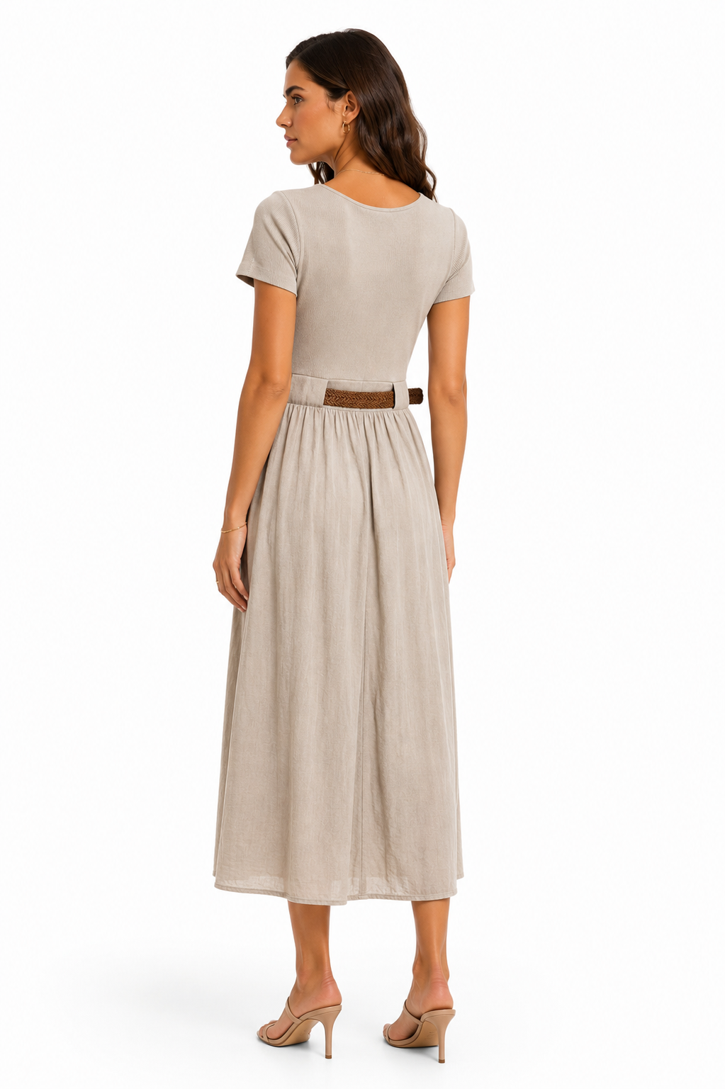 Ribbed Knit & Cotton Midi Dress with Braided Belt