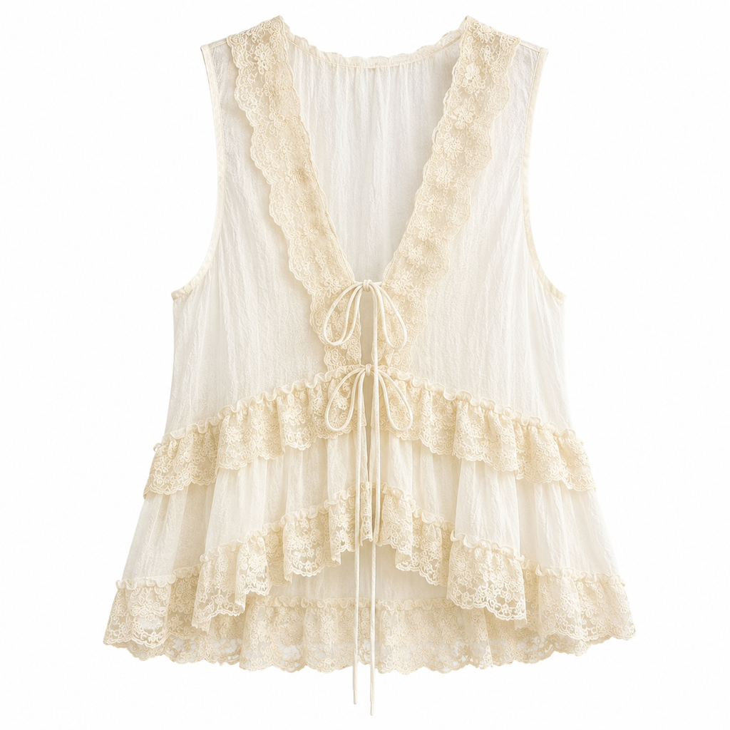 Boho Lace Tie-Front Linen Blouse