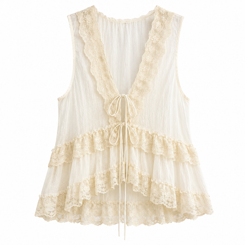 Boho Lace Tie-Front Linen Blouse