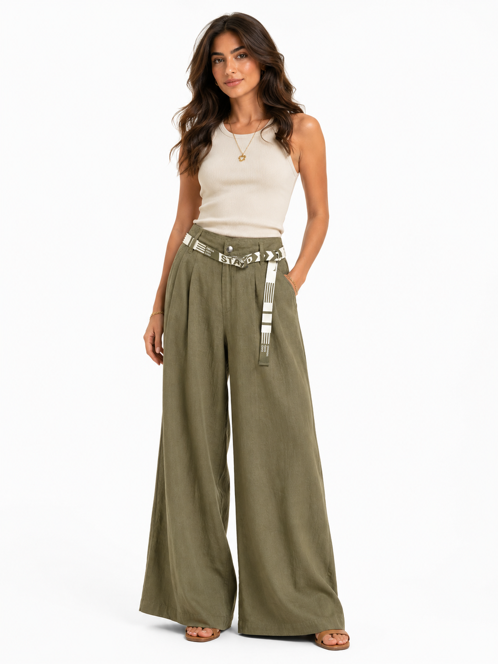 Olive Linen Wide-Leg Pants