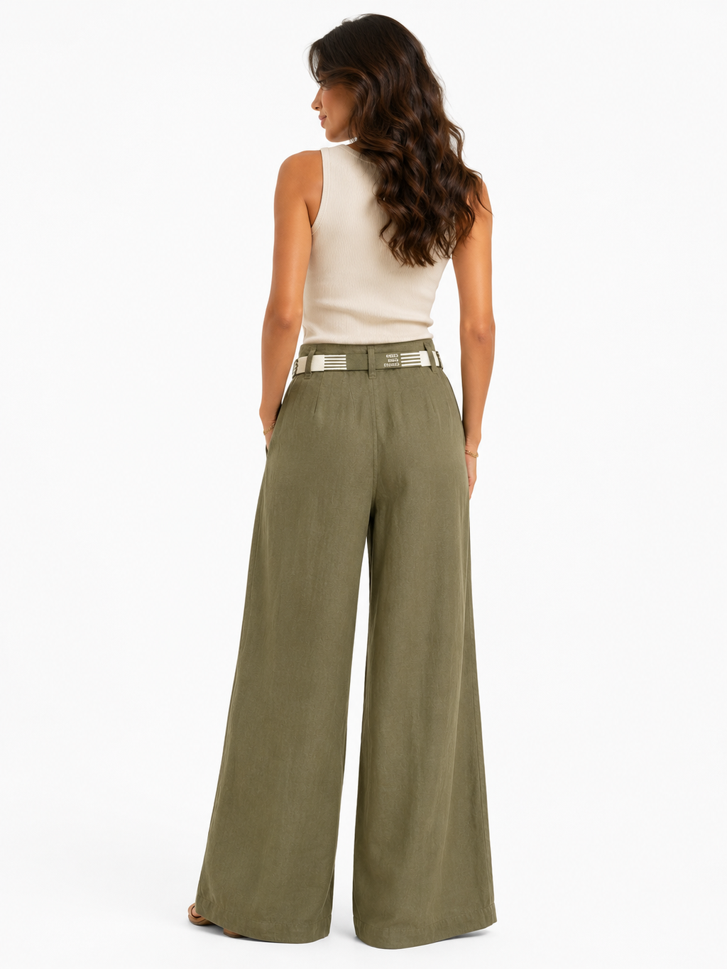 Olive Linen Wide-Leg Pants