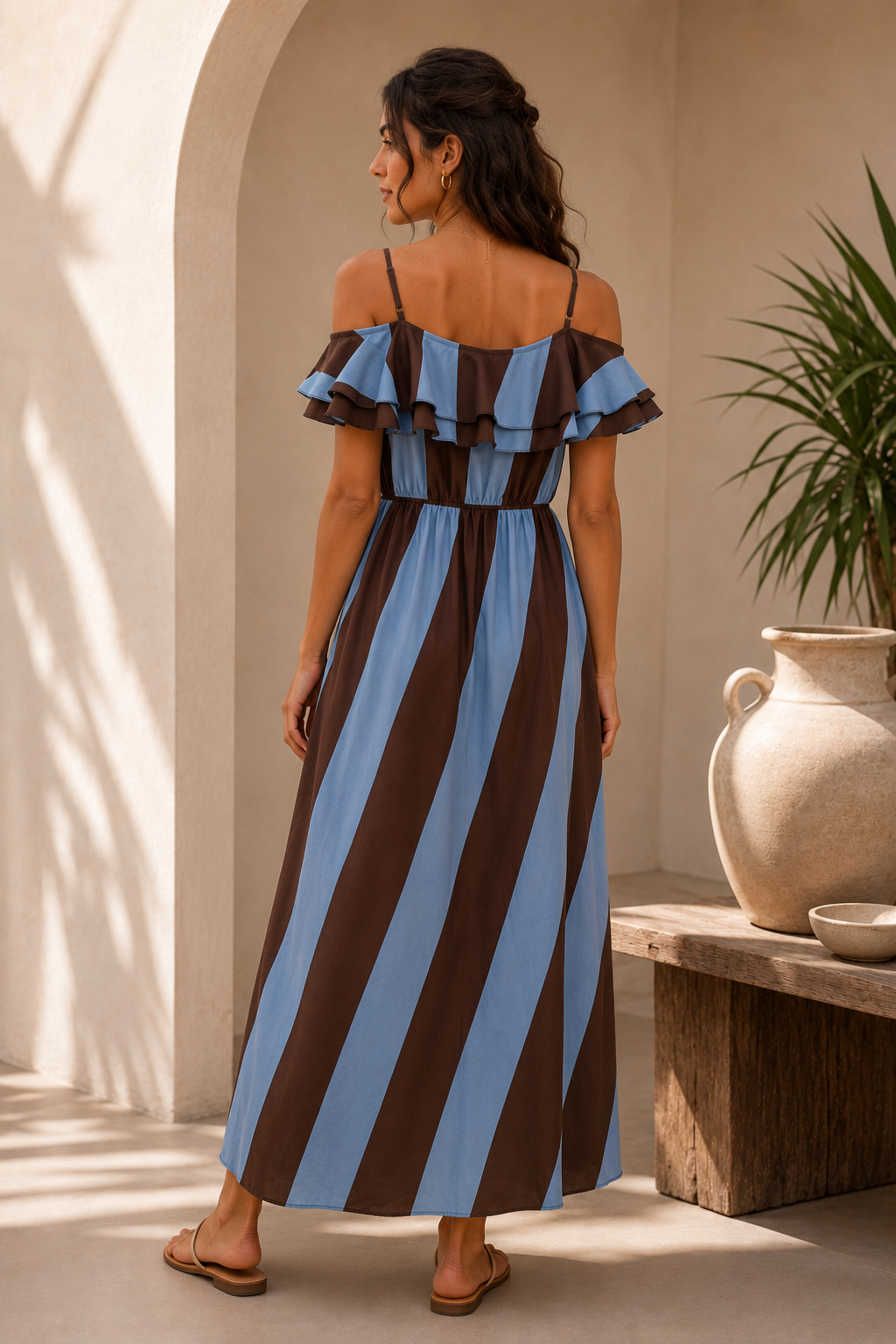 Blue & Brown Striped Off-Shoulder Maxi Dress