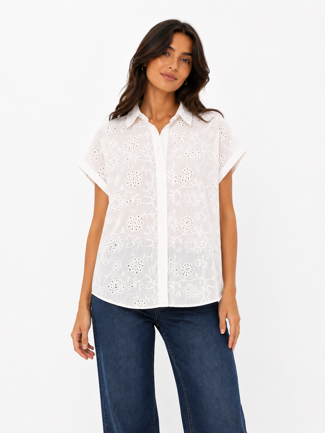 White Embroidered Short-Sleeve Shirt